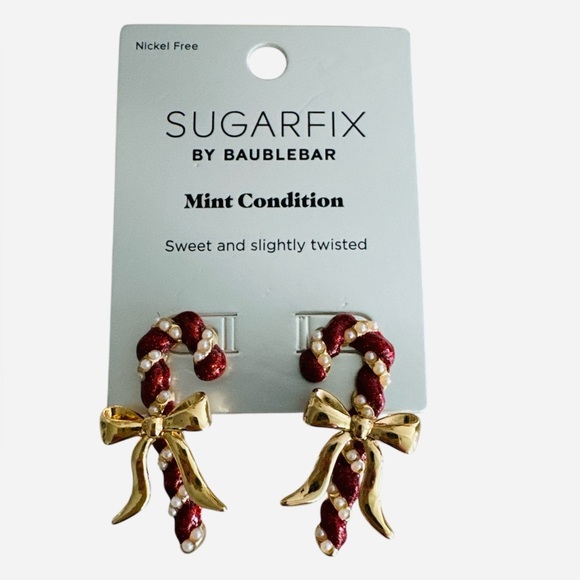 Target Sugarfix Baublebar Red Pearl Bow Candy Cane Holiday Earrings Nickel Free - Picture 2 of 6